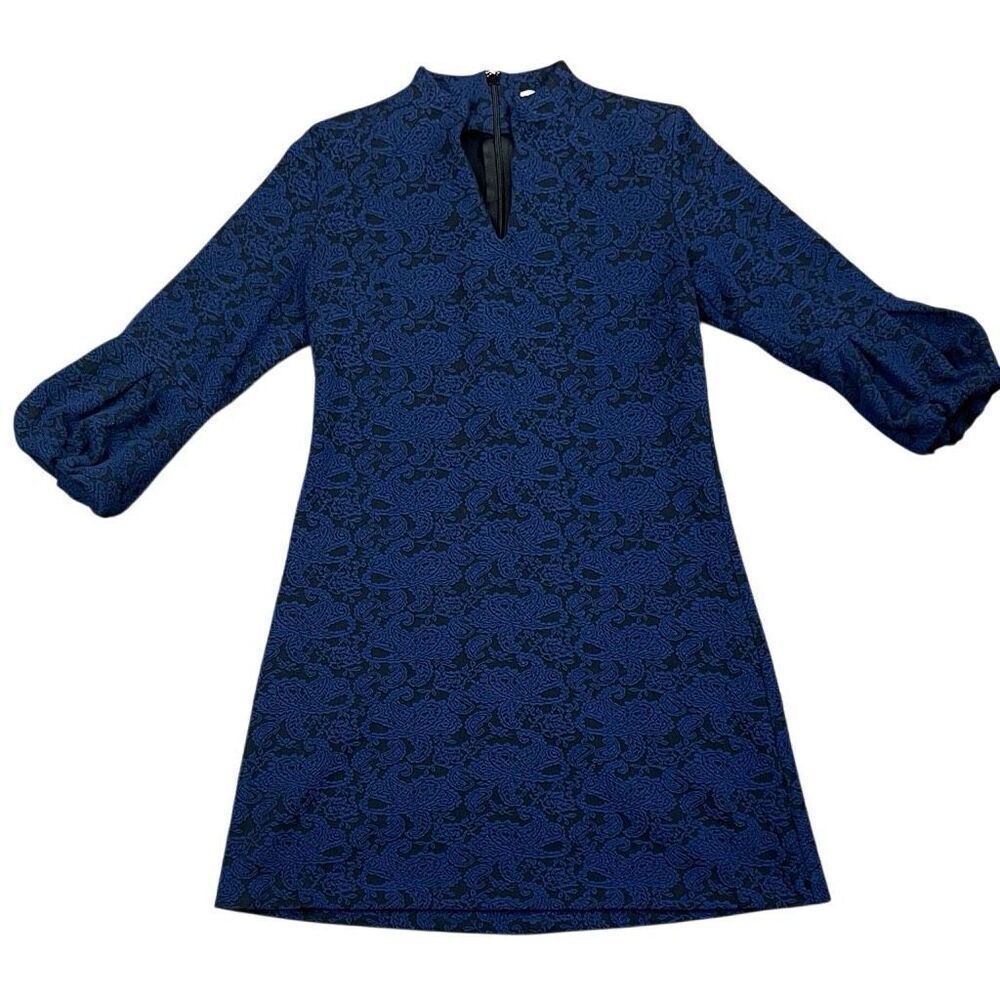 New York and Company Stretch Blue Paisley Black Background Lace V Neck Dress Med
